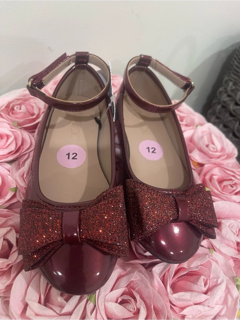 Sugar Girls Glitter Bow Mary Jane Shoes - Burgundy